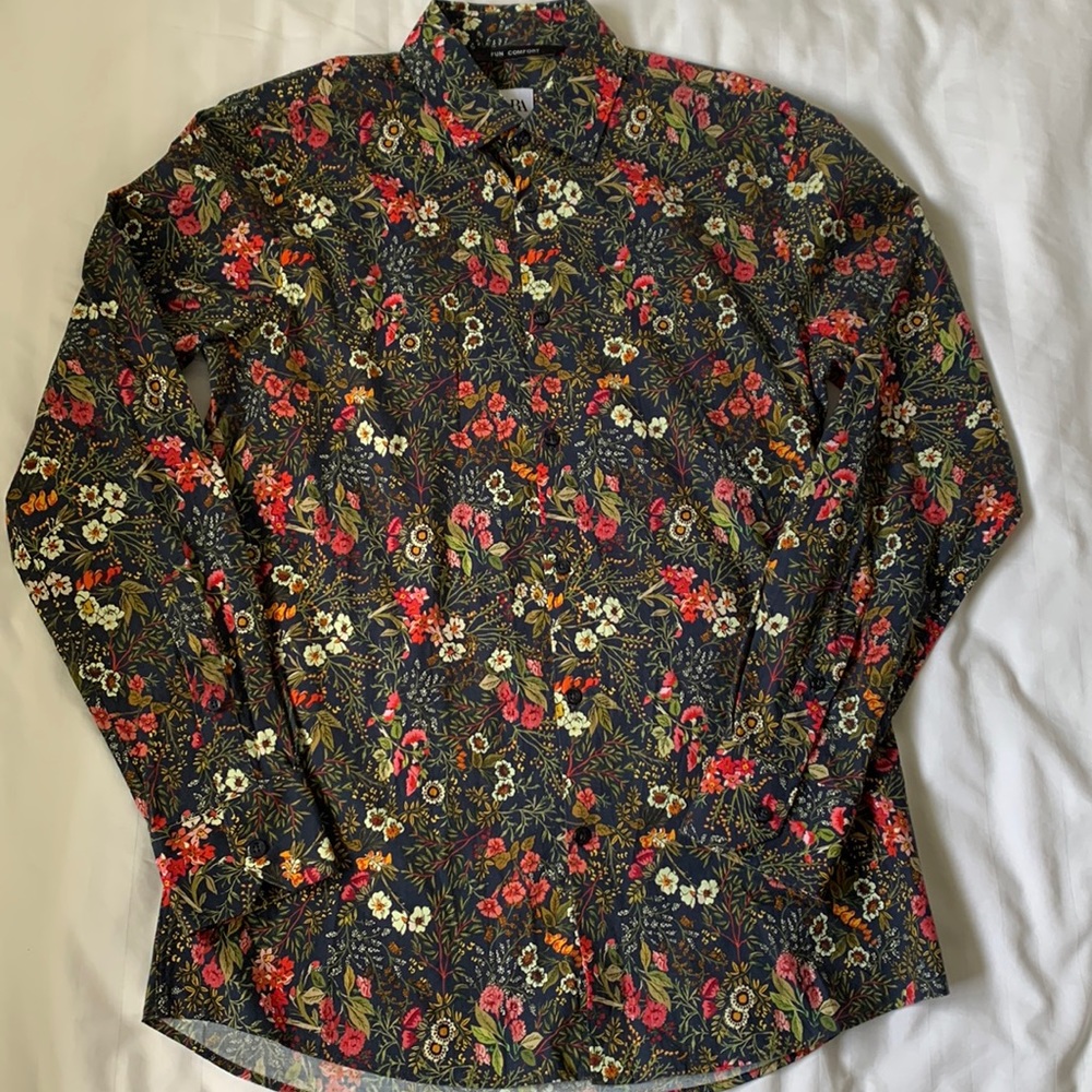 Zara deep blue floral stretch cotton slim cut shirt EUC